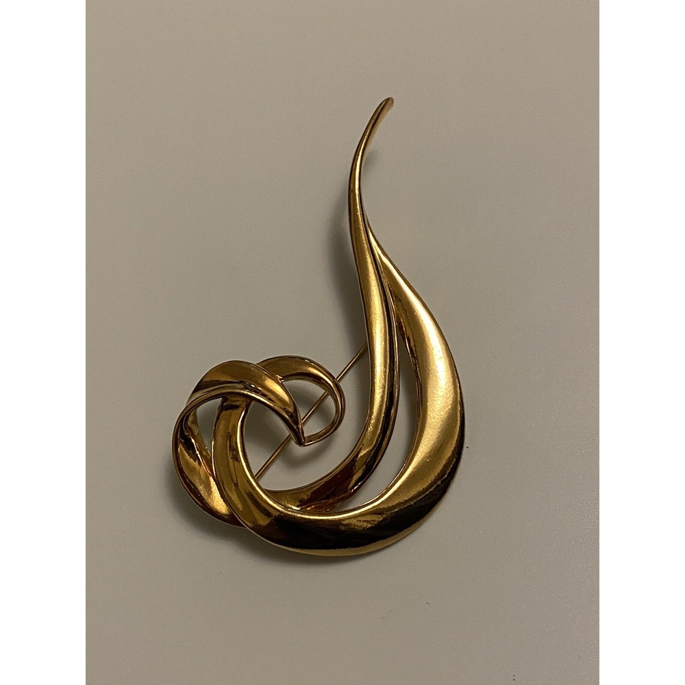 VNTG Avon Gold Tone Shiny  Large Music Key Sol Modern Swirl Brooch Pin 3.5" Art